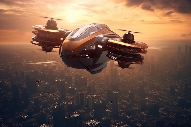 Photo atmospheric scene featuring a futuristic flying car soaring through the sky generative ai