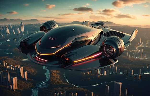 Photo atmospheric scene featuring a futuristic flying car soaring through the sky