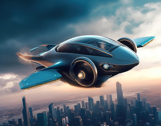 Atmospheric scene featuring a futuristic flying car soaring through the sky