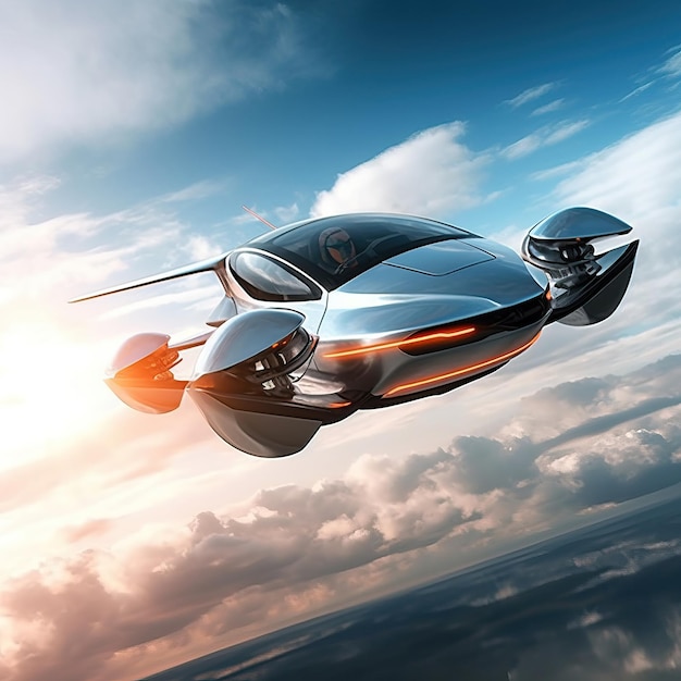 Atmospheric scene featuring a futuristic flying car soaring through the sky