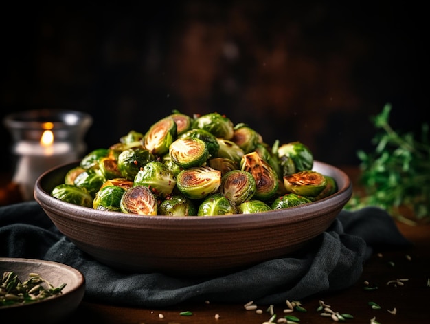 Atmospheric shot of Brussels Sprouts in bowl baked with olive oil and herbs on dark background Vegetarian cuisine Healthy vegetable side dish Thanksgiving day food concept Roasted Brussel sprouts