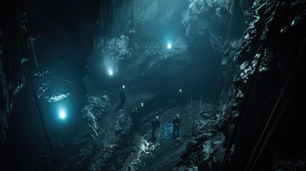 Photo atmospheric shot of miners descending into the depths of a cavernous mine shaft their headlamps cutting through the darkness like beacons of industry