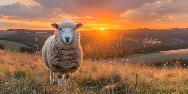Atmospheric Sunset Hillside Sheep Blending Warmth and Tranquility Concept Sunset Photography Hillside Scenery Warm Tones Tranquil Landscape Sheep Herd
