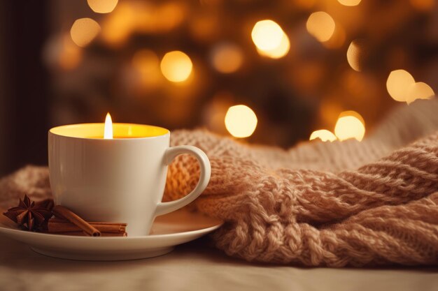 Photo atmospheric winter photo a warm cup of coffee against the background