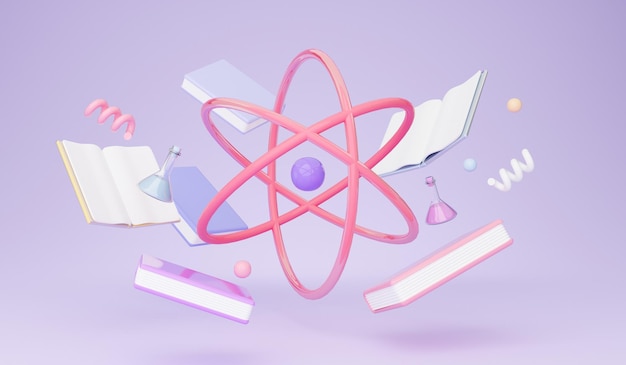 Atom molecule over purple background with books and chemical bottles