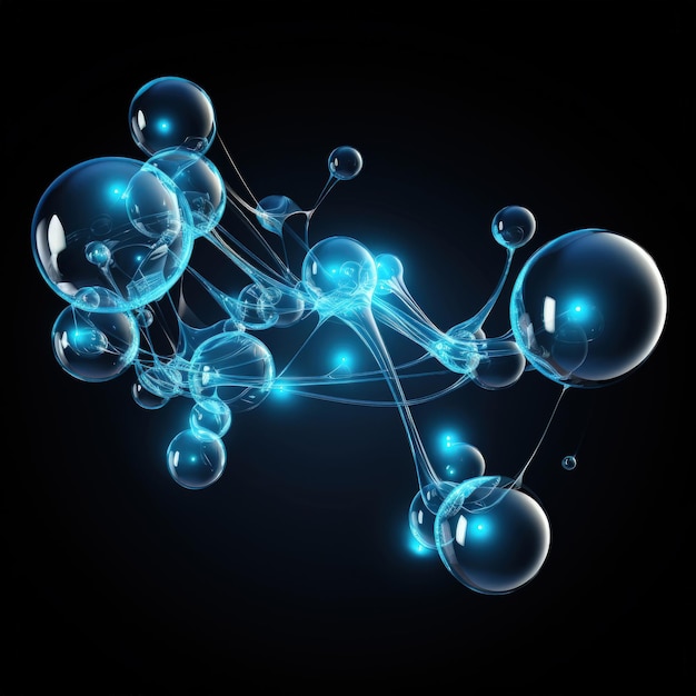 Atom and molecule structure bubbles on dark background liquid chemistry