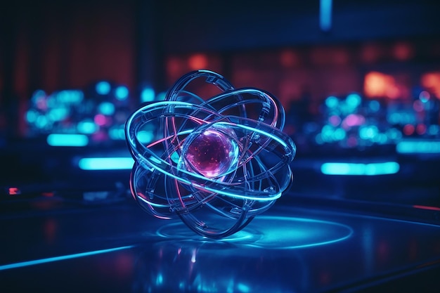 Atom science biotechnology blue neon graphic