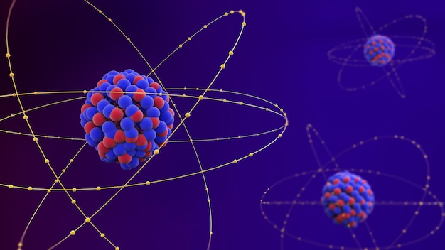 Atomaire structuur bestaande uit protonen, neutronen en elektronen Wetenschappelijk van atoom3D-rendering