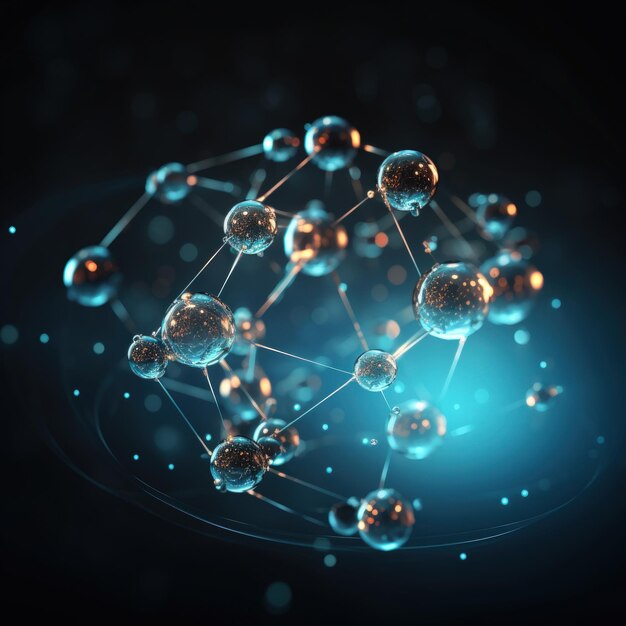 Foto atome en moleculen structuur bubbels op donkere achtergrond vloeibare chemie