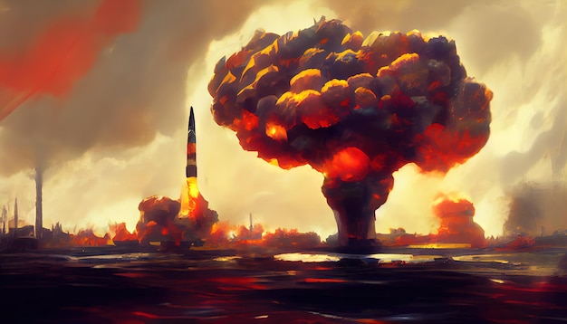 Atomic bomb in the city symbol of war end of the world nuclear\
explosion catastrophe