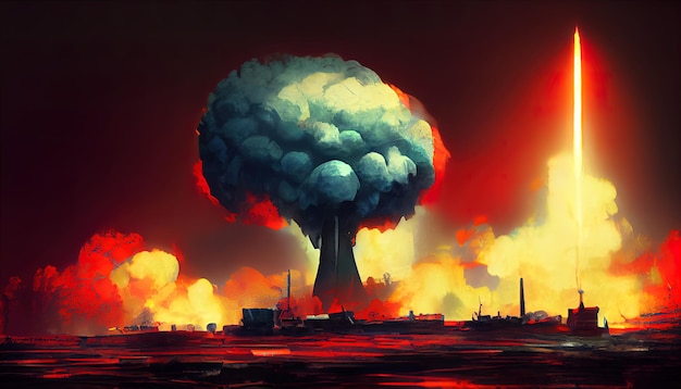 Atomic bomb in the city symbol of war end of the world nuclear\
explosion catastrophe