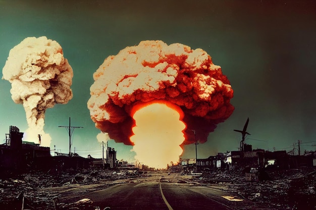 Atomic bomb in the city symbol of war end of the world nuclear\
explosion catastrophe