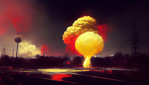 Atomic bomb in the city symbol of war end of the world nuclear\
explosion catastrophe