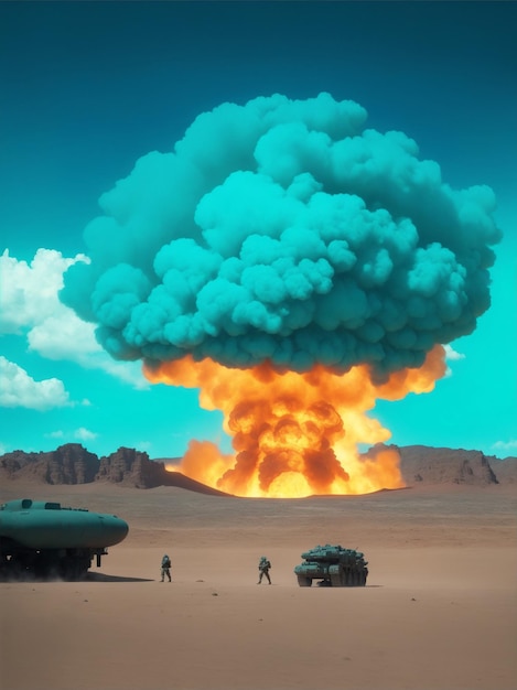 Atomic bomb explosion in desert with fire