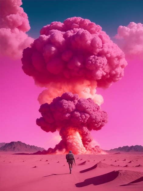 Atomic bomb heavy explosion in pink and purple color