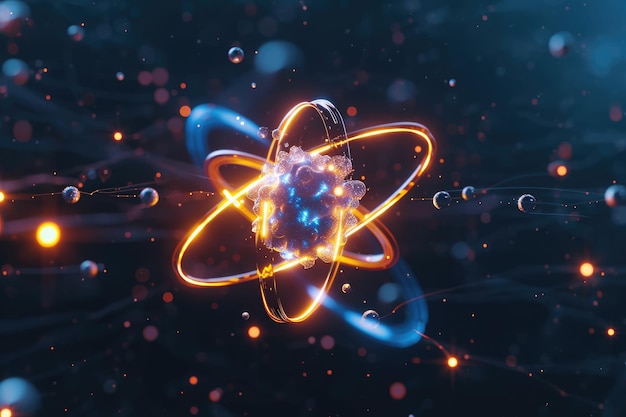 Atomic dance subatomic realm electrons neutrons and protons orbit a fixed nucleus in a model empty space within atoms showcasing set predictable paths in the intricate world of particle physics