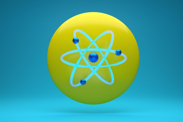 Simbolo di energia atomica con molecole di atomi nella finestra di dialogo rotonda con sfondo blu