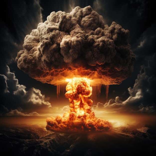 Atomic explosion of a nuclear bomb with a mushroom cloud of radioactive dust A premonition of nuclear war