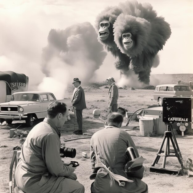 Photo the atomic glimpse through a 55mm lens capturing chimpanzees at los alamos in 1960s film photograph