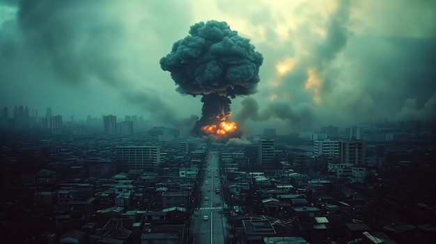 atomic mushroom explosion in the centre of a city