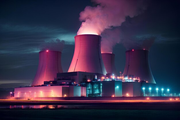 Atomic power plant at night in neon colors Production of electric and thermal energy Nuclear energ