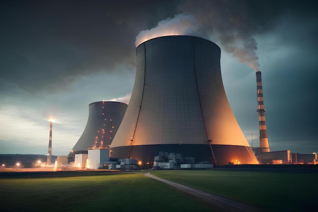 Atomic power plant at sunset Production of electric and thermal energy Nuclear energy concept