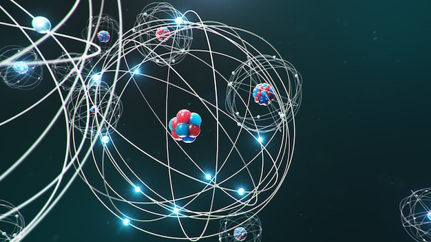 Photo atomic structure. glowing energy balls, nuclear reaction.