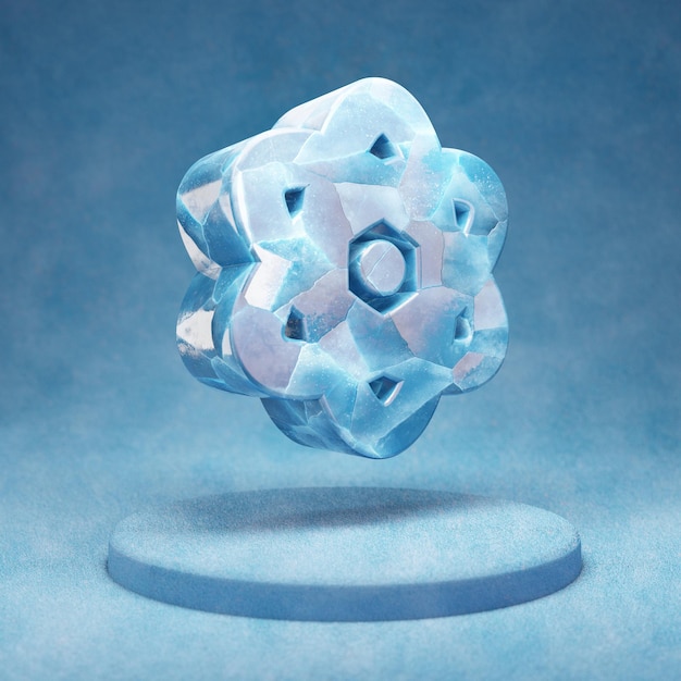 Atoom pictogram. Gebarsten blauw Ice Atom-symbool op blauw sneeuwpodium. Social Media Icon voor website, presentatie, ontwerpsjabloon element. 3D render.
