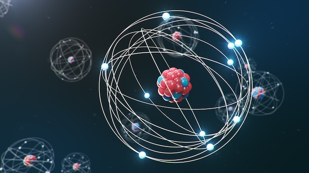 Atoom structuur. Gloeiende energieballen, nucleaire reactie.