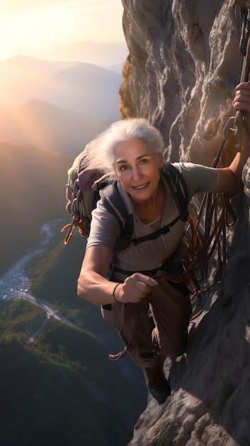 Atop a narrow mountain ridge a resilient grayhaired woman showcases her climbing skills