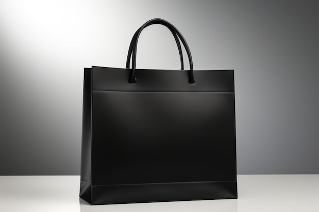 На столе лежит модная черная сумка для покупок.