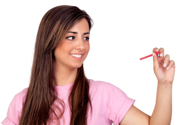 Atractive girl with a red pencil isolated on white background