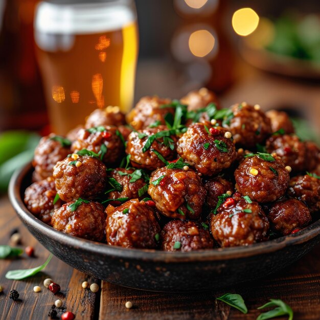 Foto un'immagine attraente e gustosa di polpette di carne porzione e pinta di birra insieme