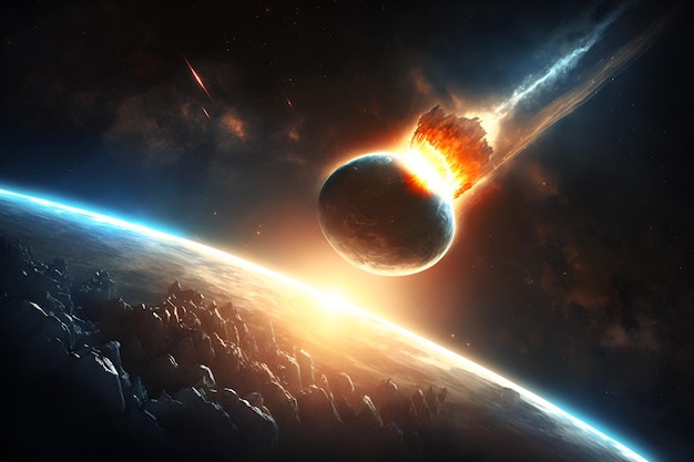 Attack of the asteroid on the earth a meteor glowing and entering the earth's atmosphere