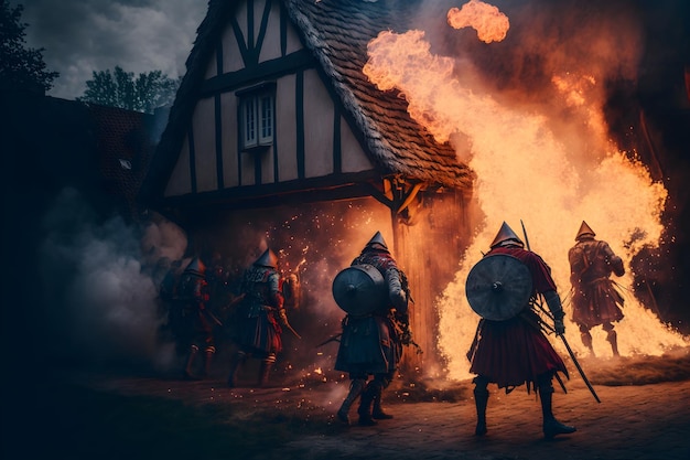 Attack of medieval warriors on village of city arson of houses and buildings the looting of the city Everything is on fire and smoke