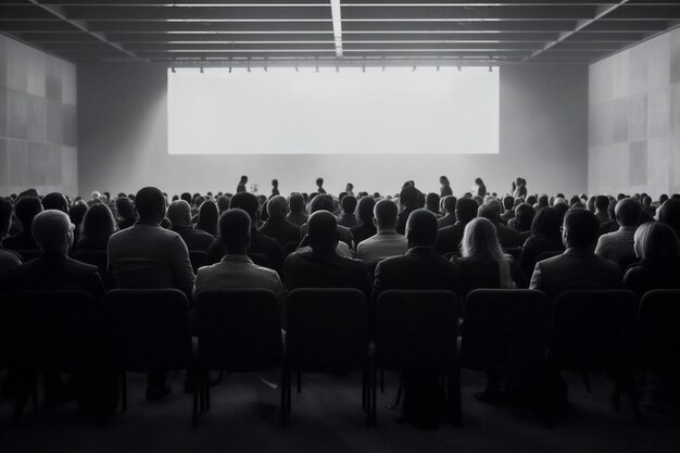 Attendees in a darkened conference room look towards a lit screen suggesting a focus group movie screening or a corporate event