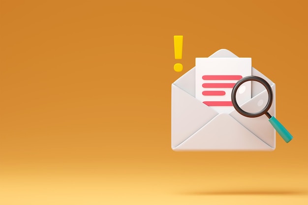 attention email letter and magnifying glass orange background 3d render