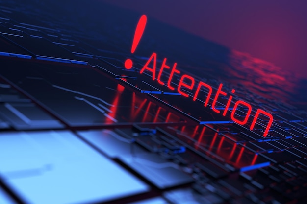 Photo attention inscription with exclamation mark malware danger symbol computer hacked error concept 3d rendering