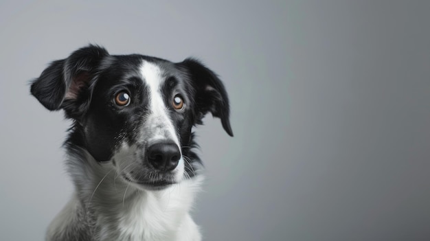 Attentive black and white dog with soulful eyes posing against a neutral gray background