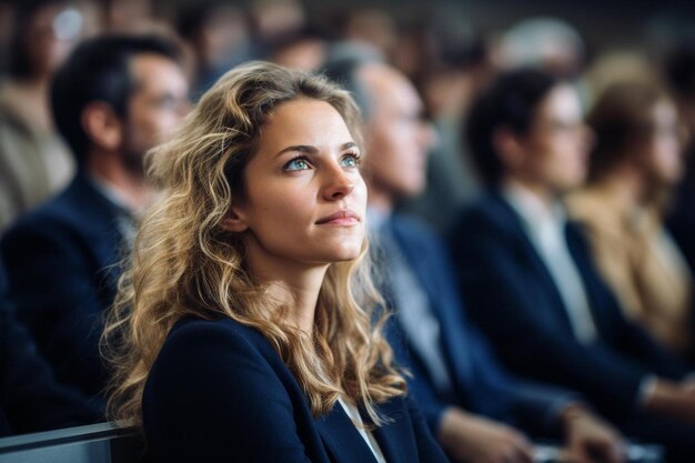 Photo attentive businesswoman in bleachers listening at business conference