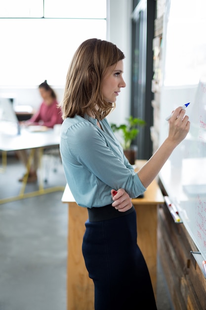 Attentive businesswoman writing on glass