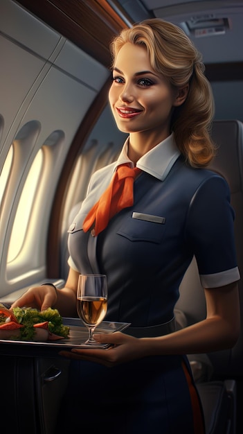 Фото Внимательная стюардесса предоставляет закуски и сок на борту