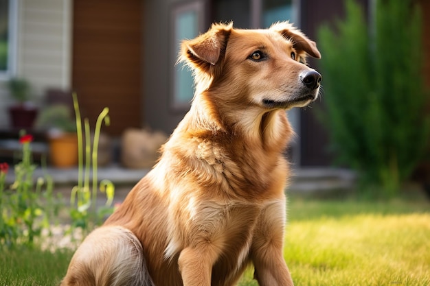 注意深い混血犬の座り姿勢