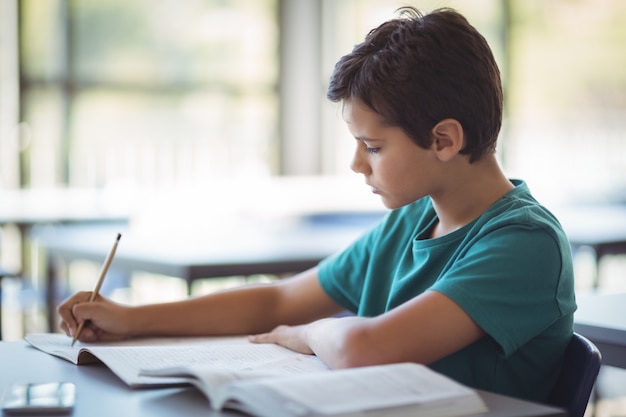 Attentive schoolboy studying in classroom