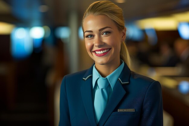 Photo attentive smiling flight attendant generate ai