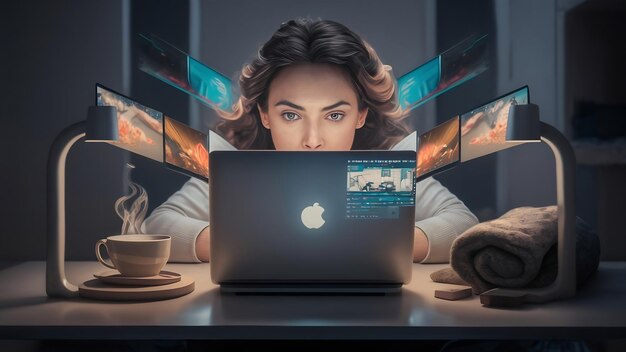 Attentive woman watching media in a laptop