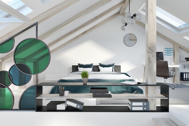 Attic bedroom interior with white walls, windows in the roof, a double bed and a bookshelf. 3d rendering mock up