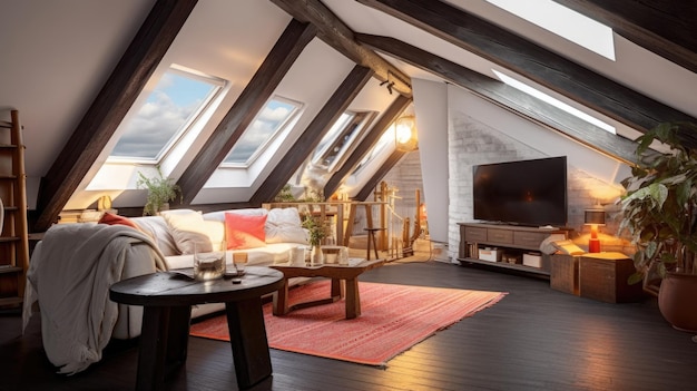 Photo attic cozy interior design with wooden floor under the skylight generative ai aig27