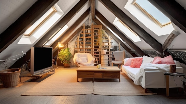 Photo attic cozy interior design with wooden floor under the skylight generative ai aig27