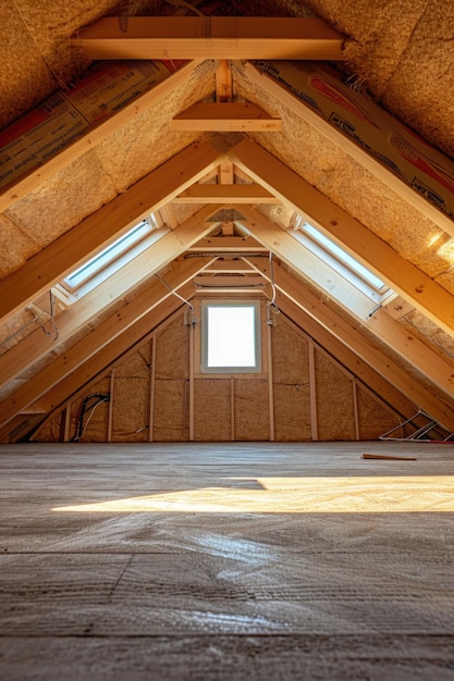 Photo attic insulation construction worker fitting thermal heat protection in sealed roof space